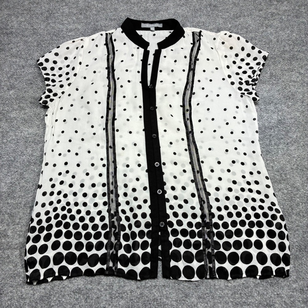 NY Collection Polka Dot Short Sleeve Button Front Blouse Women's White Sz.M